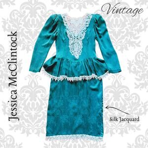 Vintage 90s McClintock Peplum Dress Green Silk SpecialOccasion Christmas Party